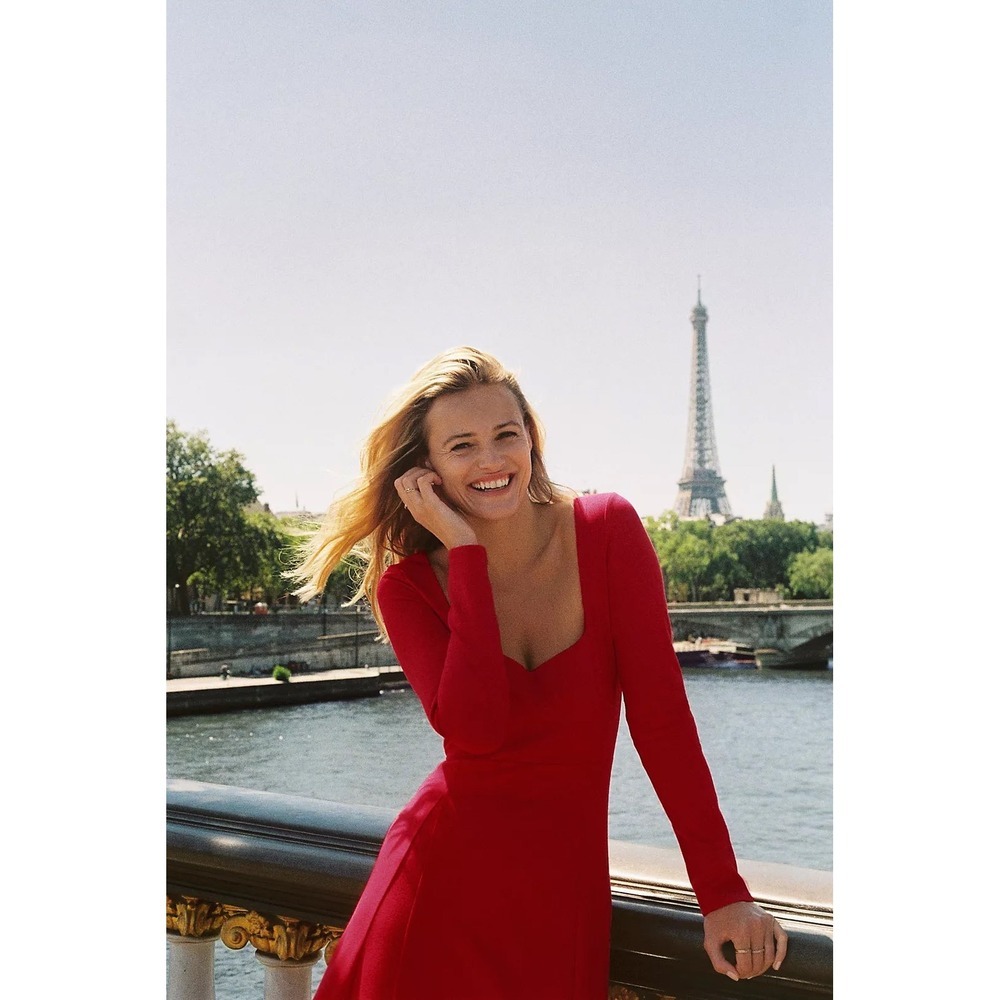 Anthropologie Maeve Jocelyn Midi Dress Red Square Neck Fit & Flare 3/4 Sleeve M